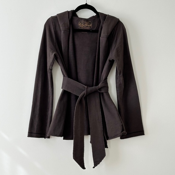Lucky Brand 100% Cotton Dark Brown Belted Wrap Hooded Sweatshirt Cardigan Jacket - Picture 1 of 16